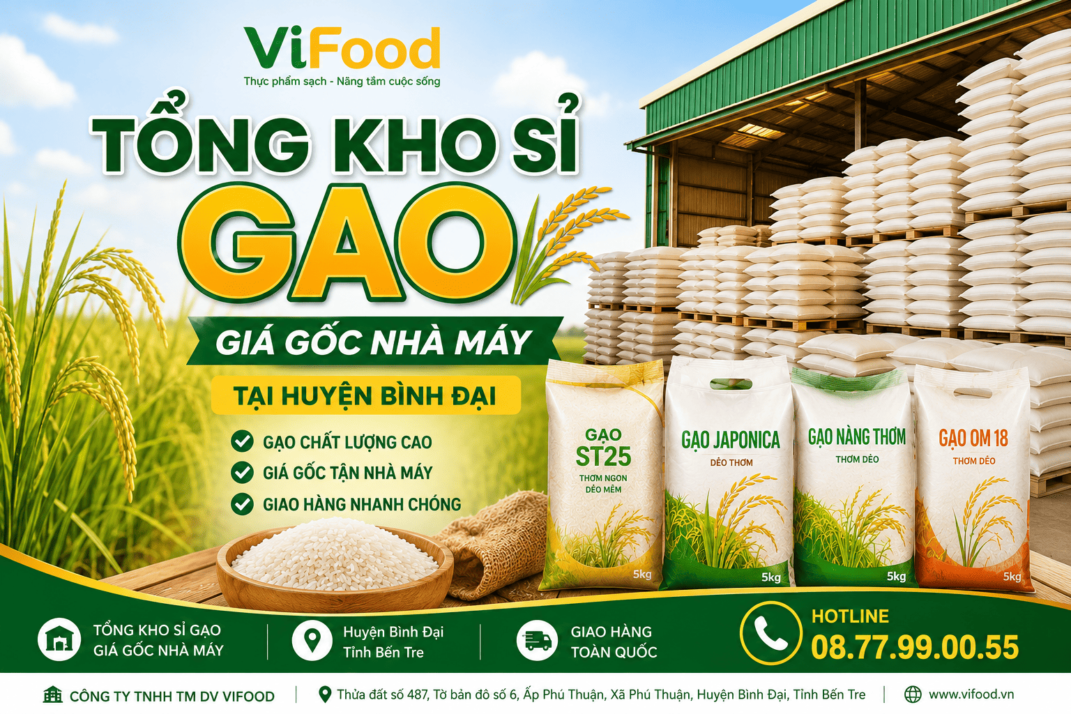 Tổng kho sỉ gạo giá gốc nhà máy tại Huyện Bình Đại