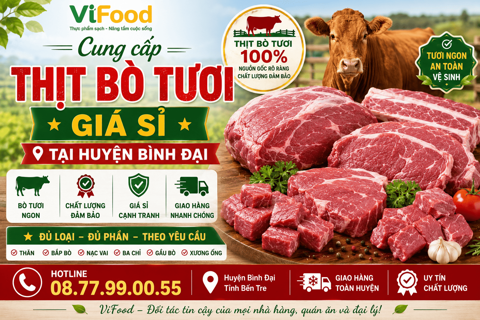 Cung cấp thịt bò tươi giá sỉ tại Huyện Bình Đại