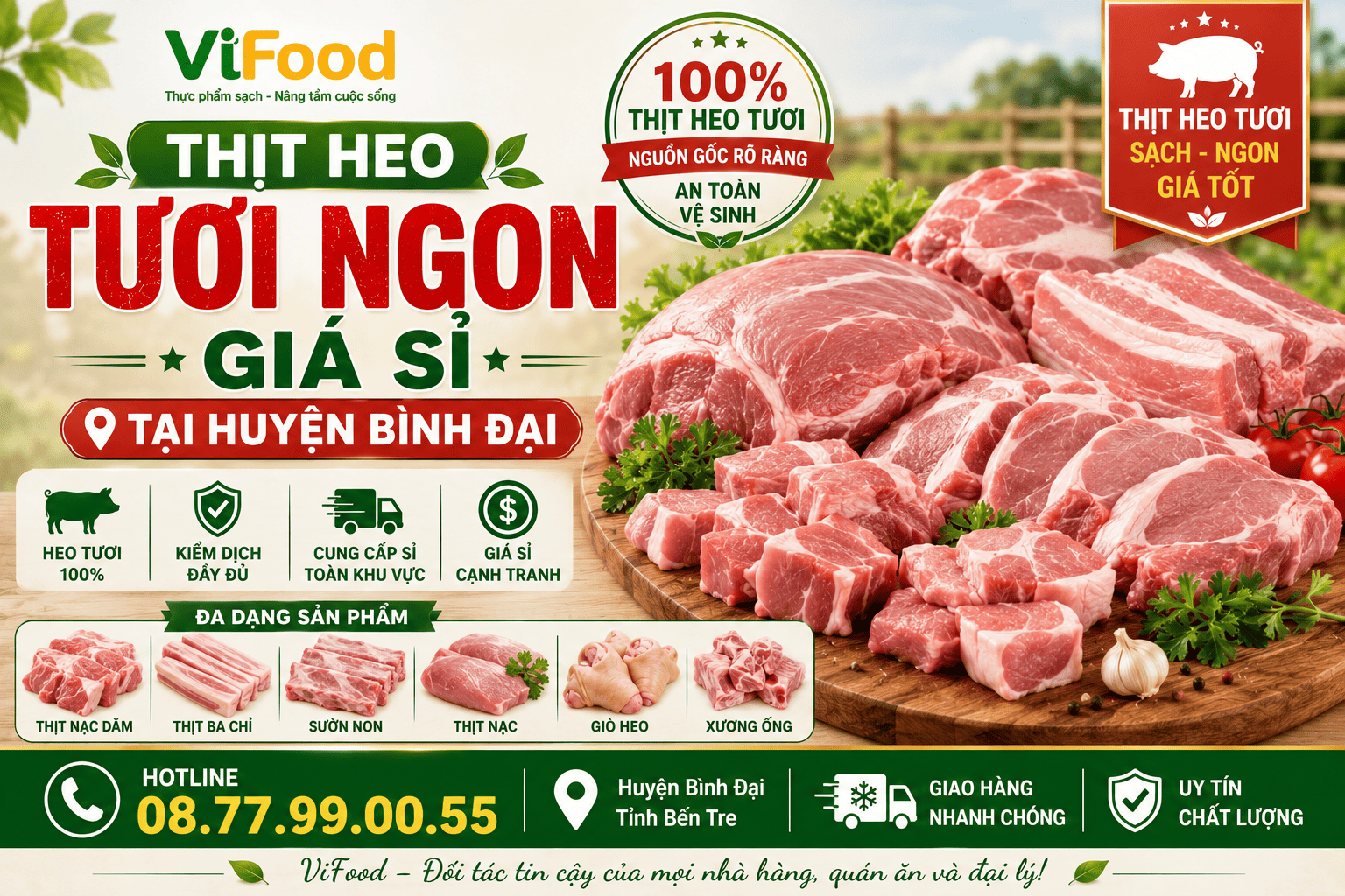 Thịt heo tươi ngon giá sỉ tại Huyện Bình Đại