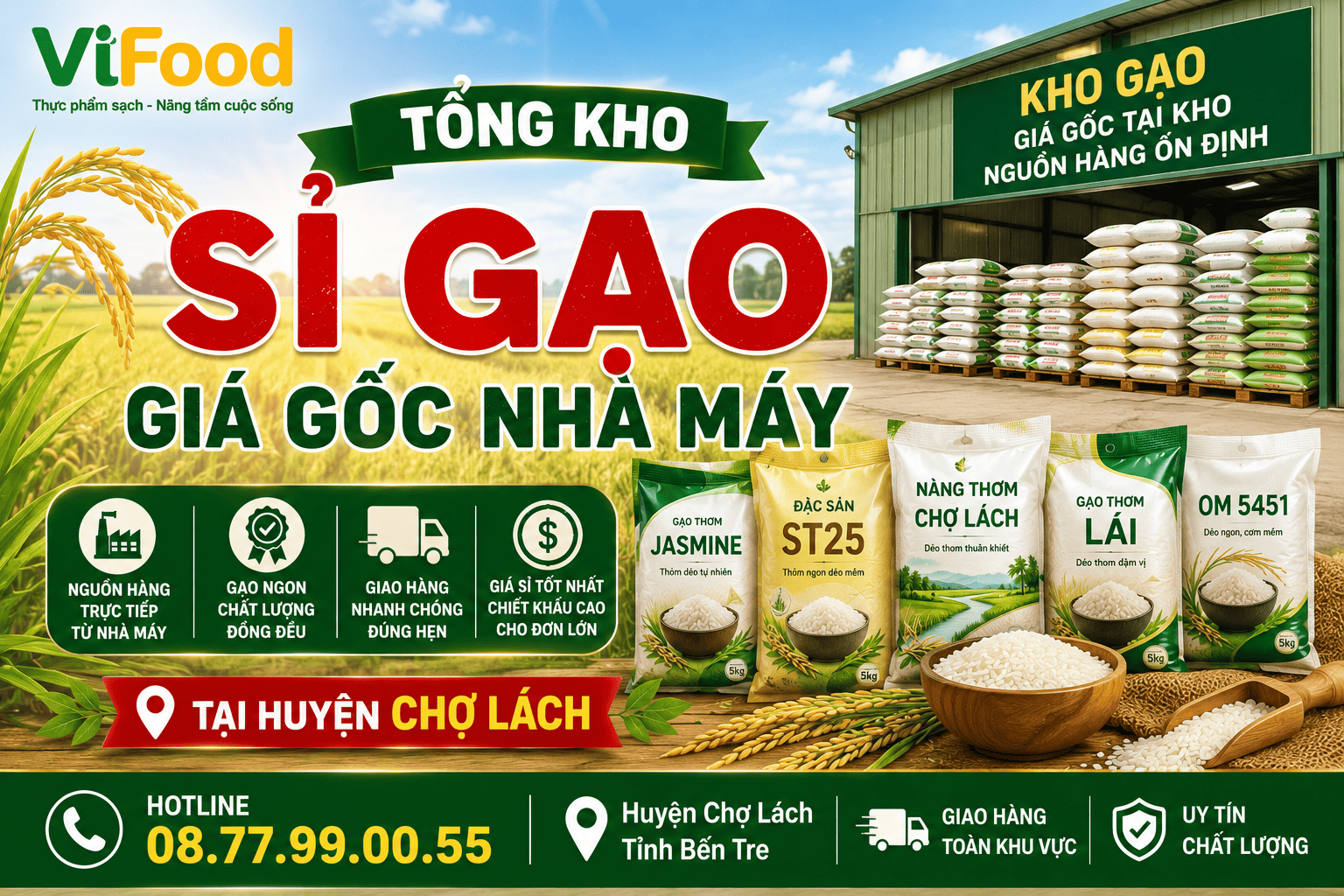 Tổng kho sỉ gạo giá gốc nhà máy tại Huyện Chợ Lách