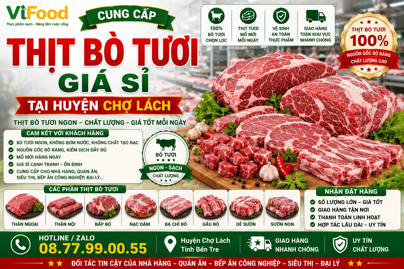 Cung cấp thịt bò tươi giá sỉ tại Huyện Chợ Lách