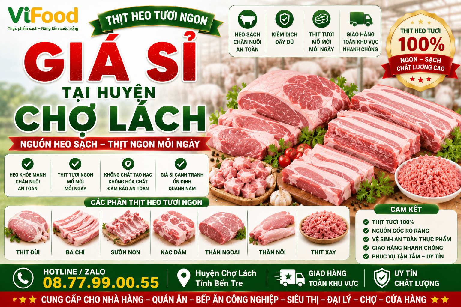 Thịt heo tươi ngon giá sỉ tại Huyện Chợ Lách