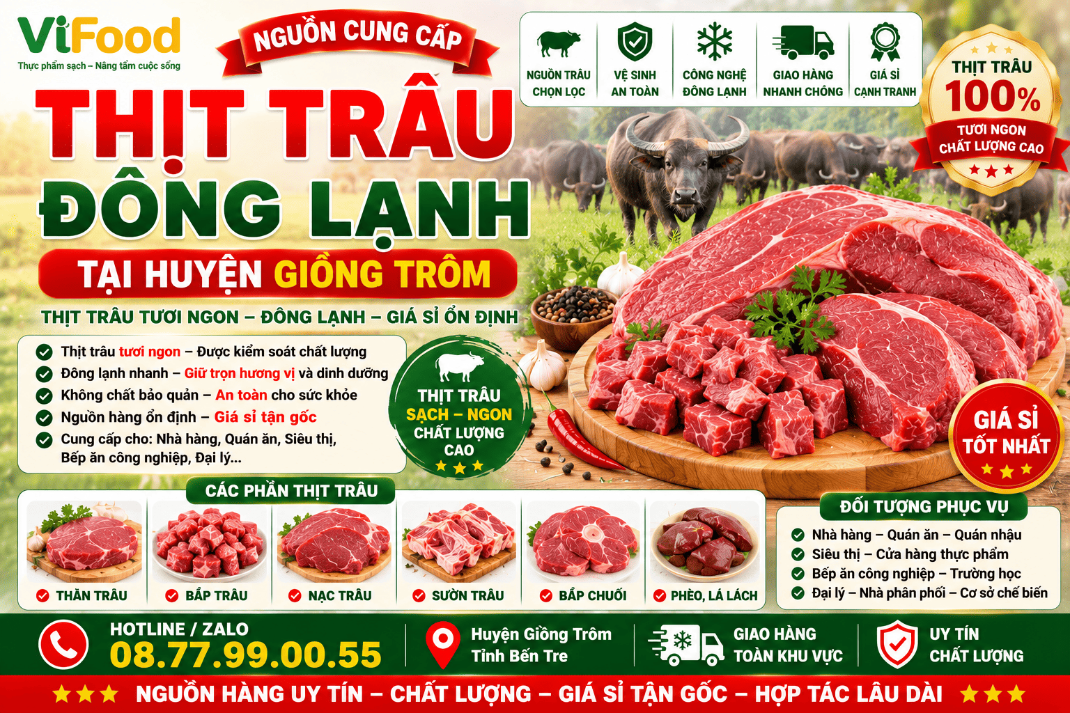 Nguồn cung cấp thịt trâu đông lạnh tại Huyện Giồng Trôm