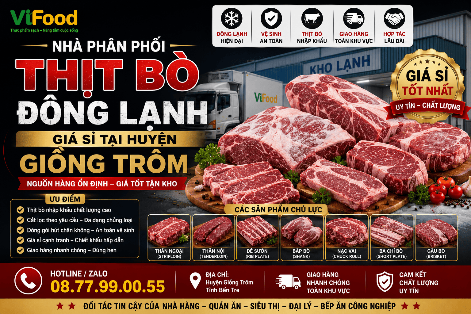 Nhà phân phối Thịt bò đông lạnh giá sỉ tại Huyện Giồng Trôm