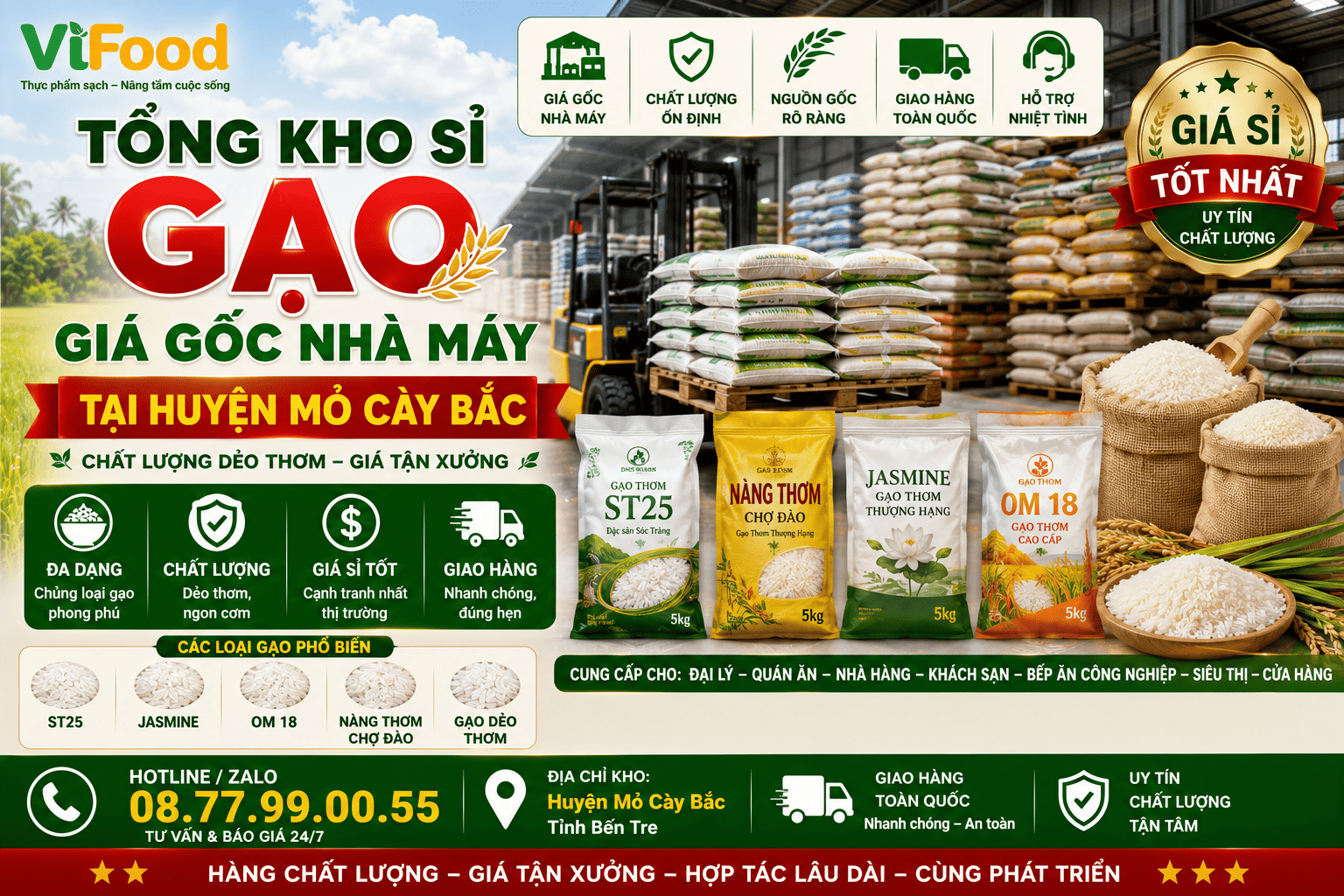 Tổng kho sỉ gạo giá gốc nhà máy tại Huyện Mỏ Cày Bắc