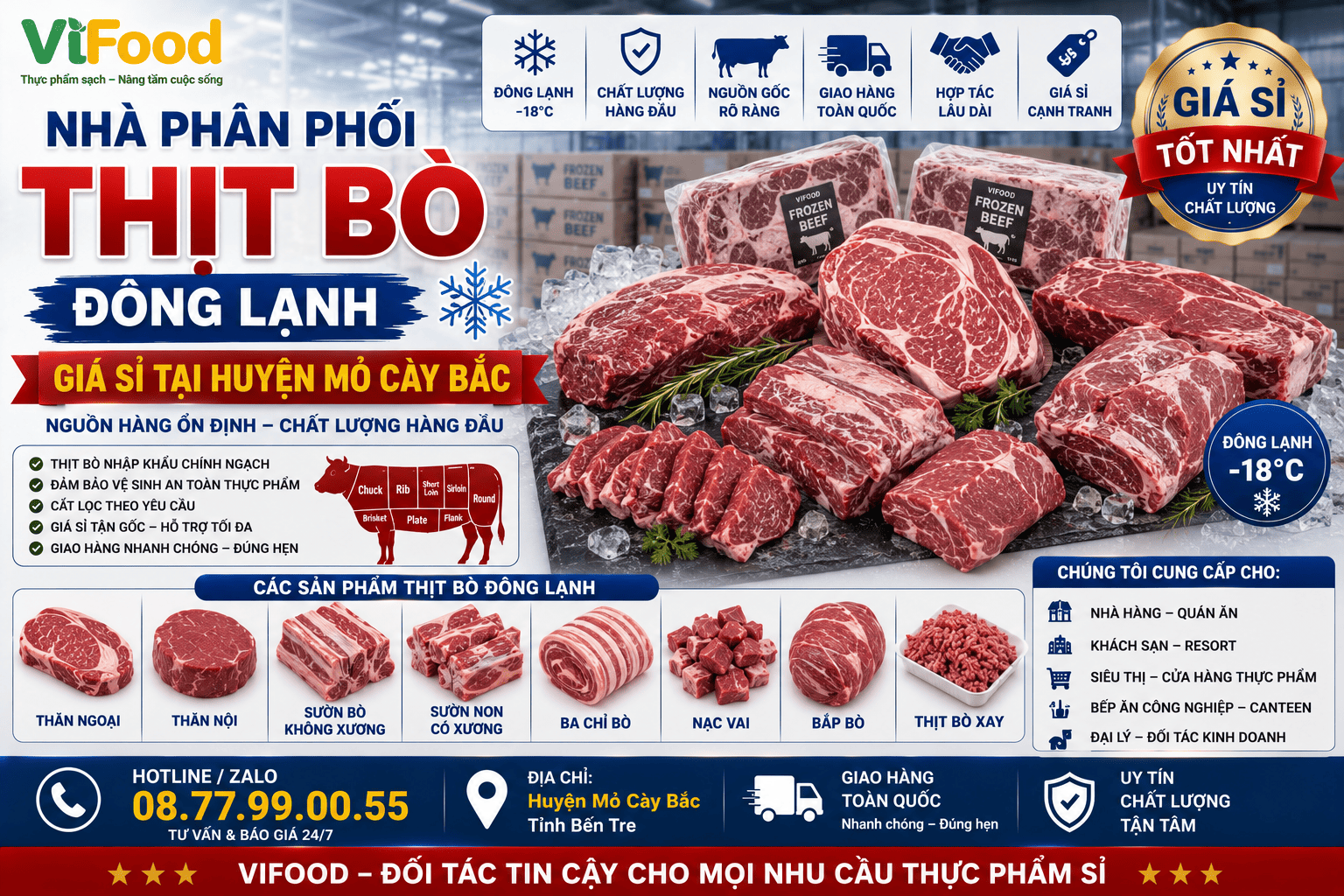 Nhà phân phối Thịt bò đông lạnh giá sỉ tại Huyện Mỏ Cày Bắc