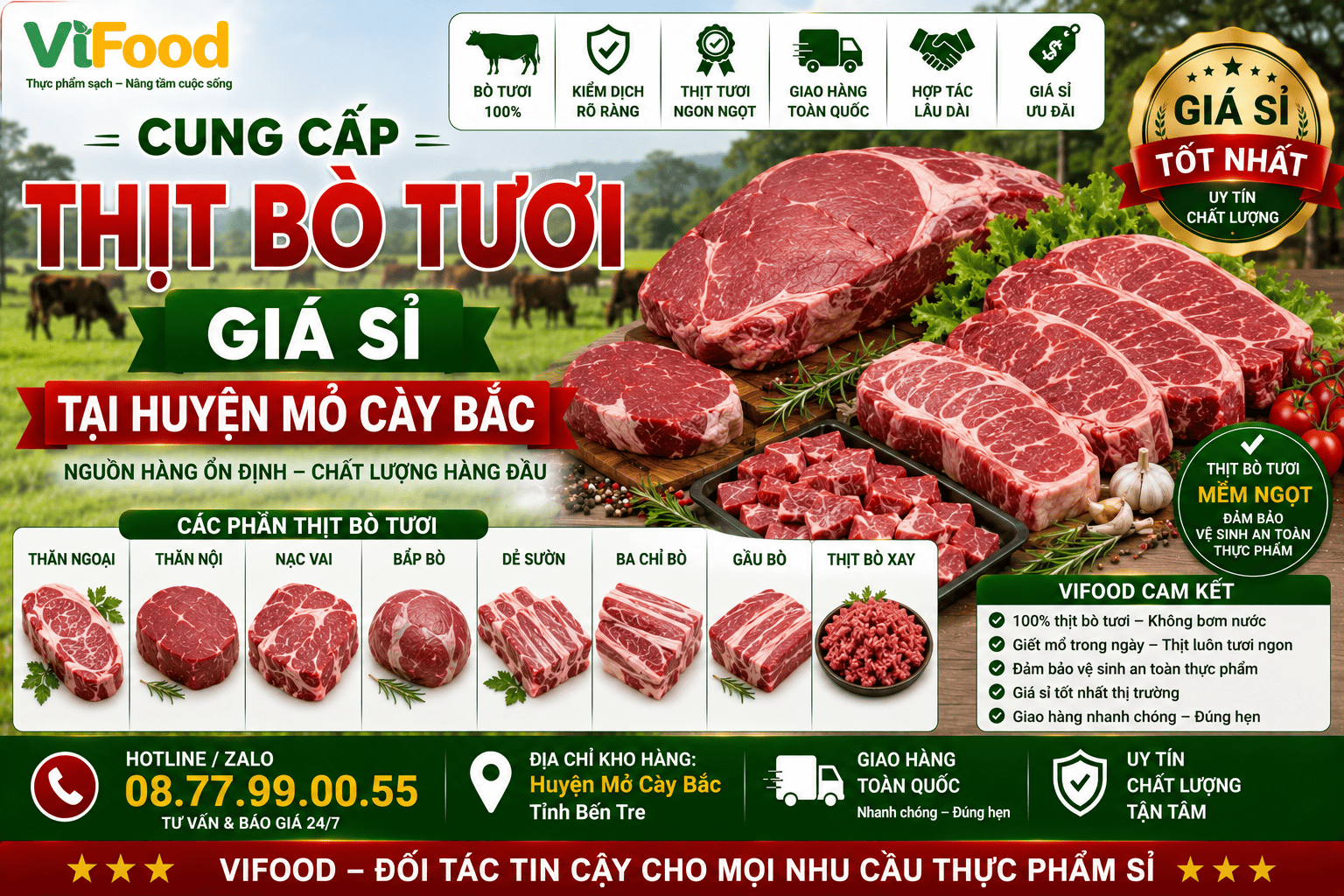 Cung cấp thịt bò tươi giá sỉ tại Huyện Mỏ Cày Bắc
