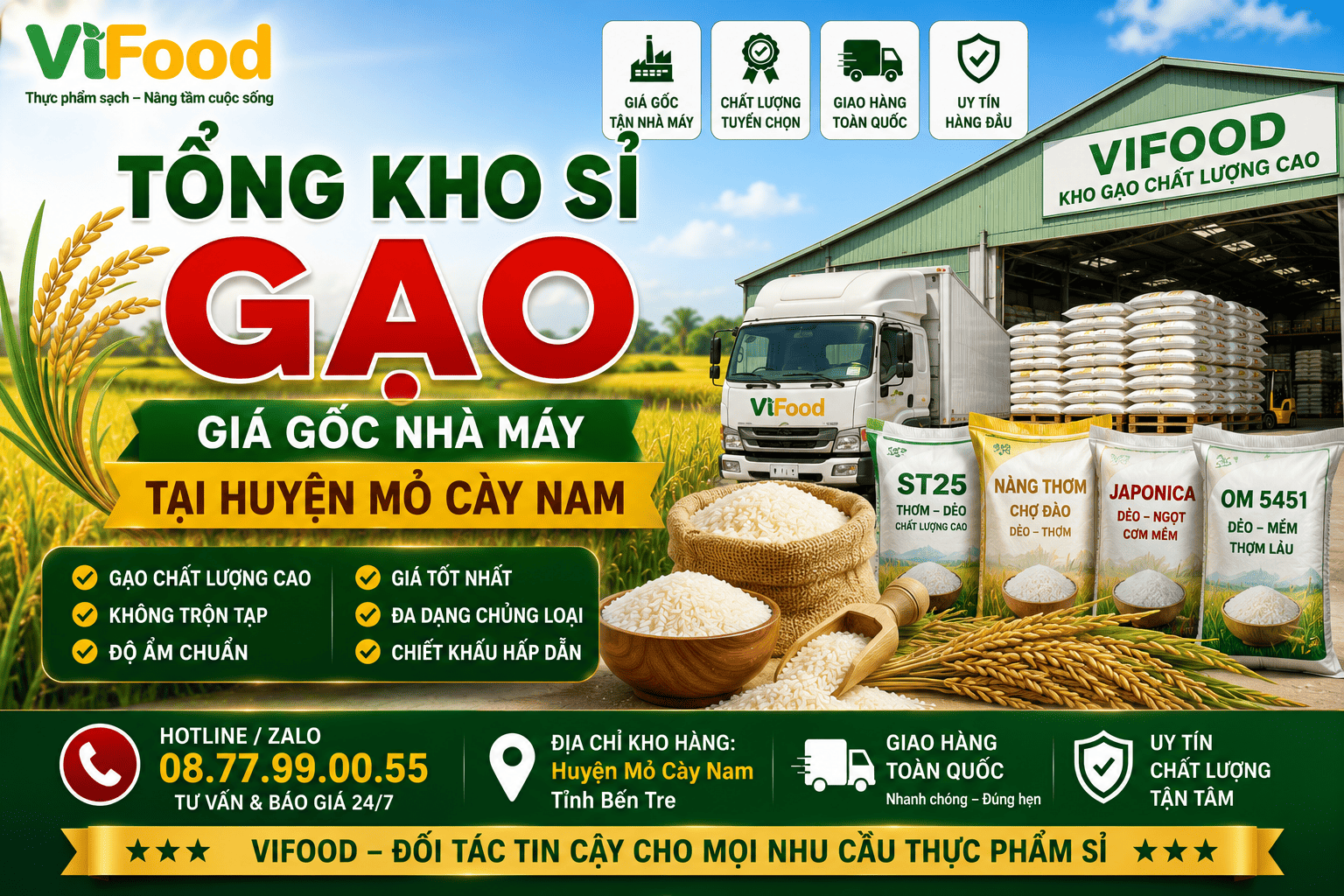 Tổng kho sỉ gạo giá gốc nhà máy tại Huyện Mỏ Cày Nam