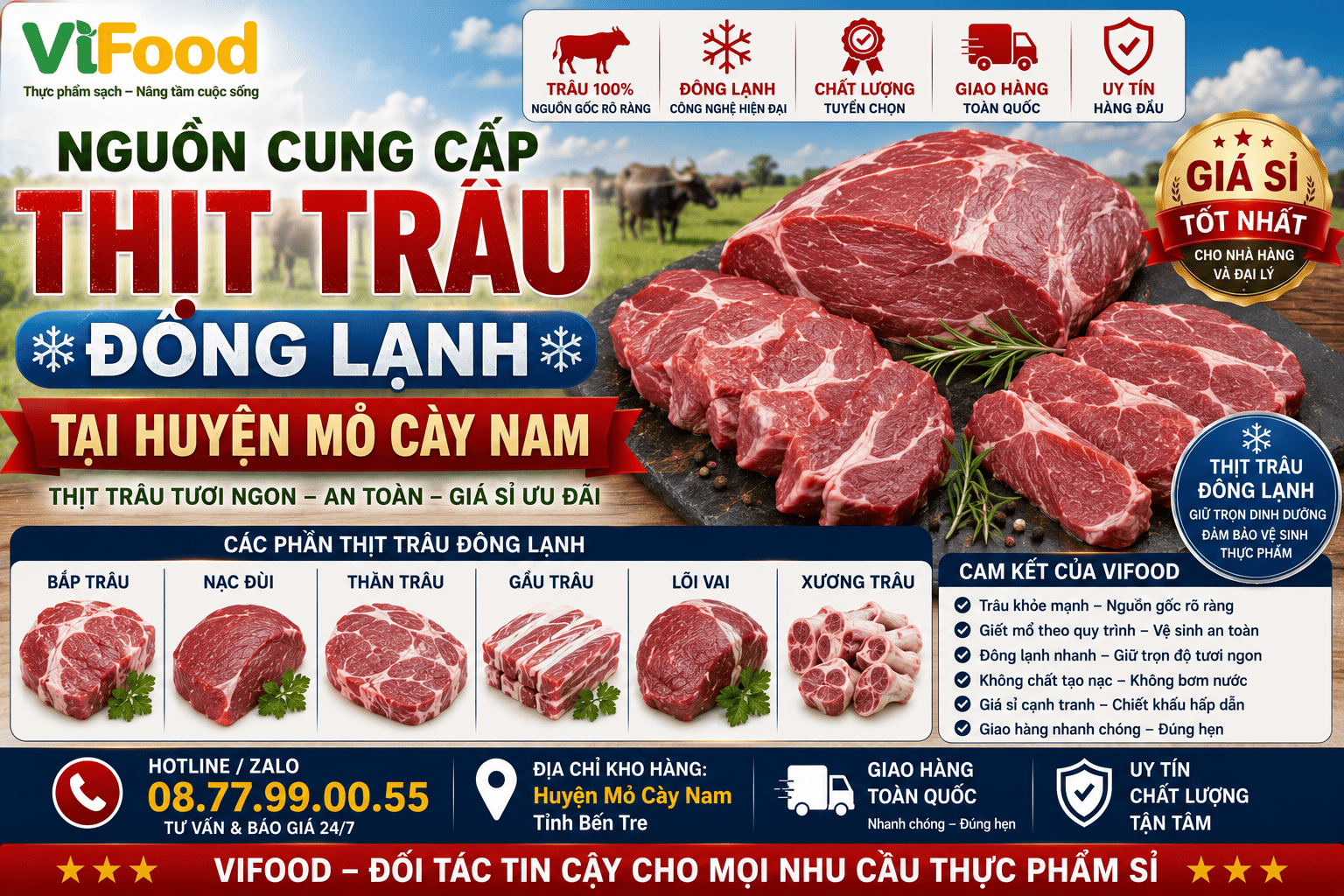 Nguồn cung cấp thịt trâu đông lạnh tại Huyện Mỏ Cày Nam
