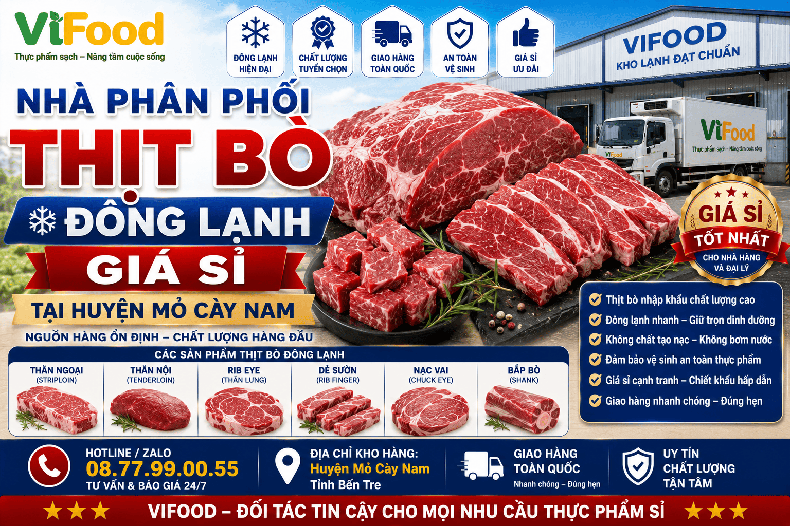 Nhà phân phối Thịt bò đông lạnh giá sỉ tại Huyện Mỏ Cày Nam