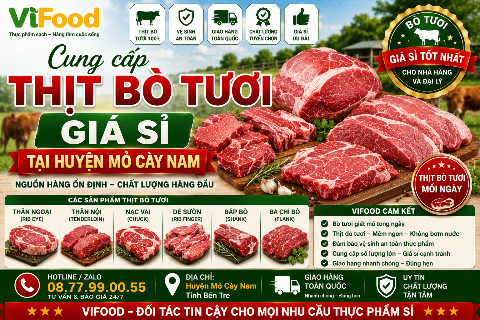 Cung cấp thịt bò tươi giá sỉ tại Huyện Mỏ Cày Nam