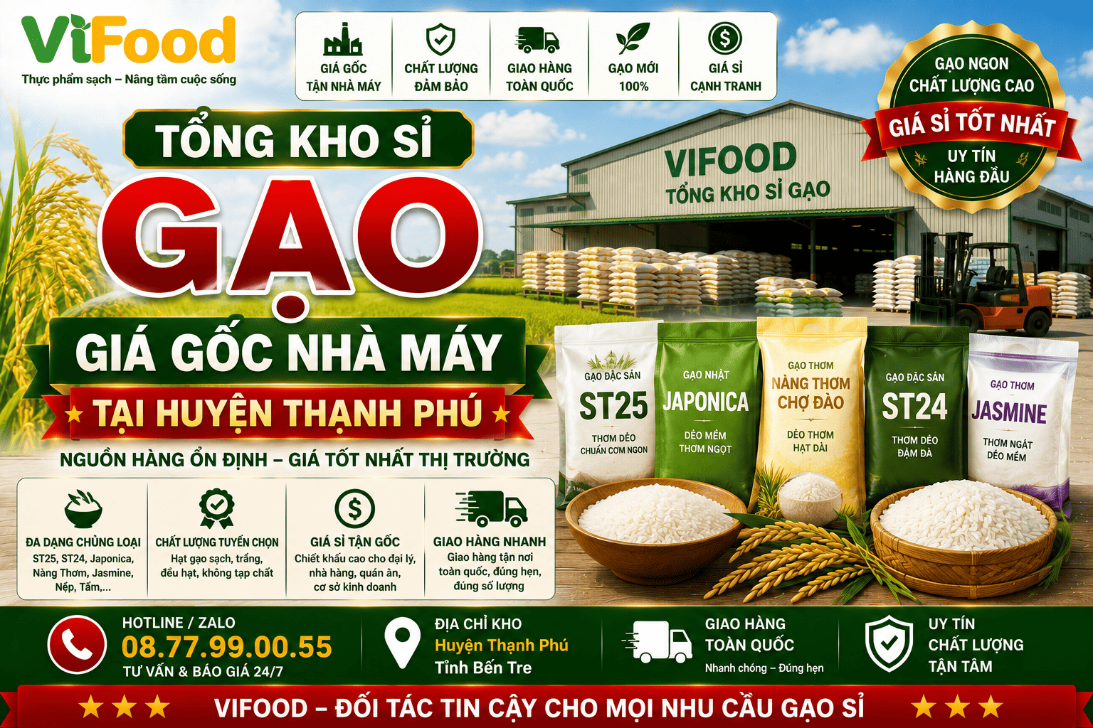 Tổng kho sỉ gạo giá gốc nhà máy tại Huyện Thạnh Phú
