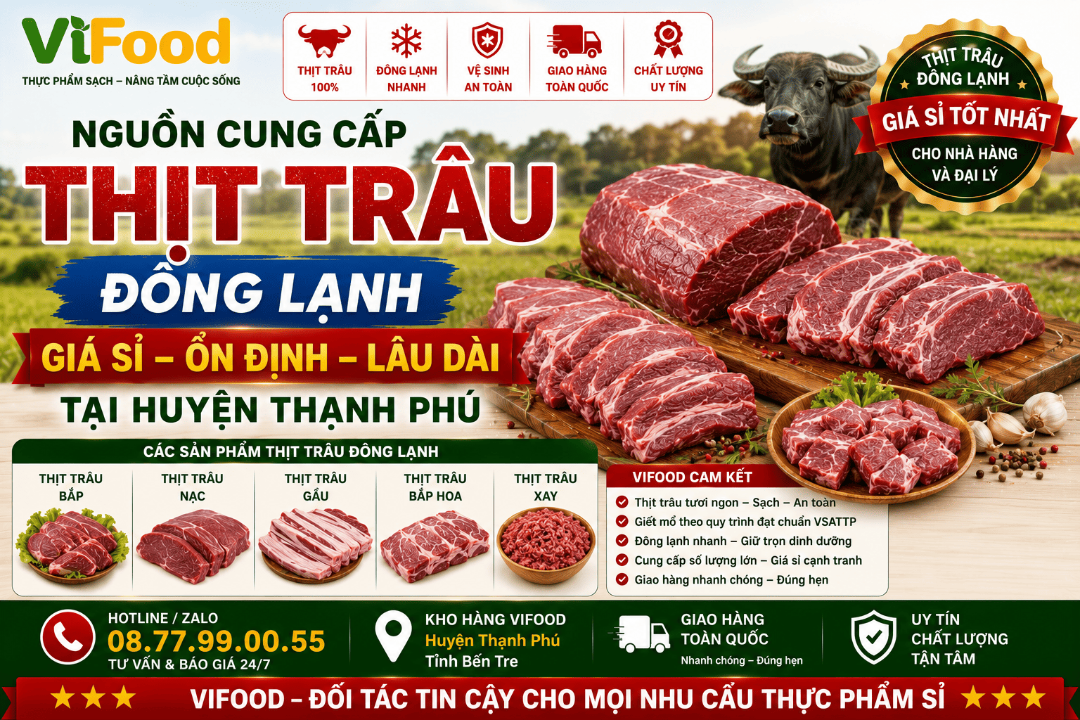 Nguồn cung cấp thịt trâu đông lạnh tại Huyện Thạnh Phú