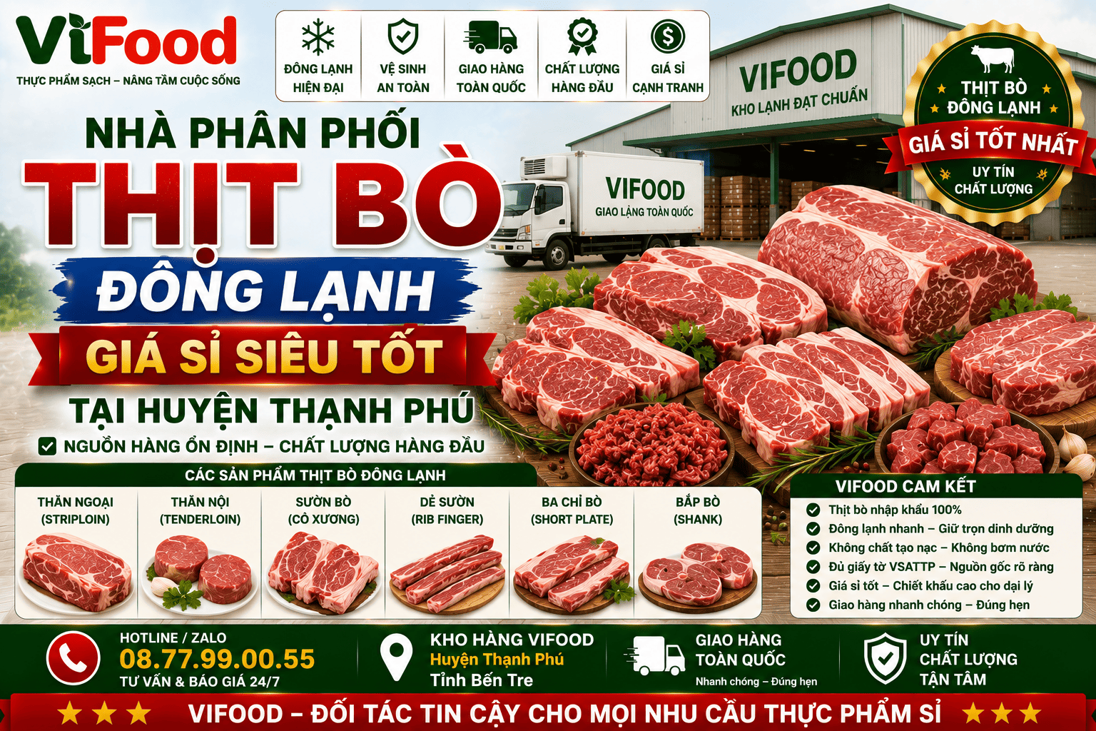 Nhà phân phối Thịt bò đông lạnh giá sỉ tại Huyện Thạnh Phú