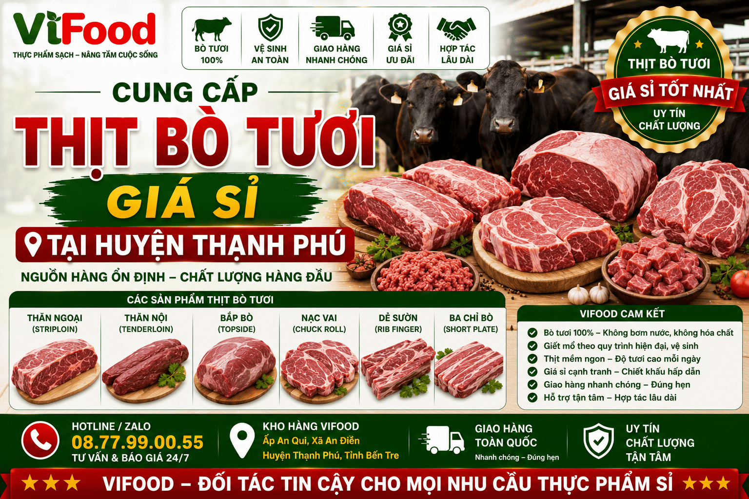 Cung cấp thịt bò tươi giá sỉ tại Huyện Thạnh Phú