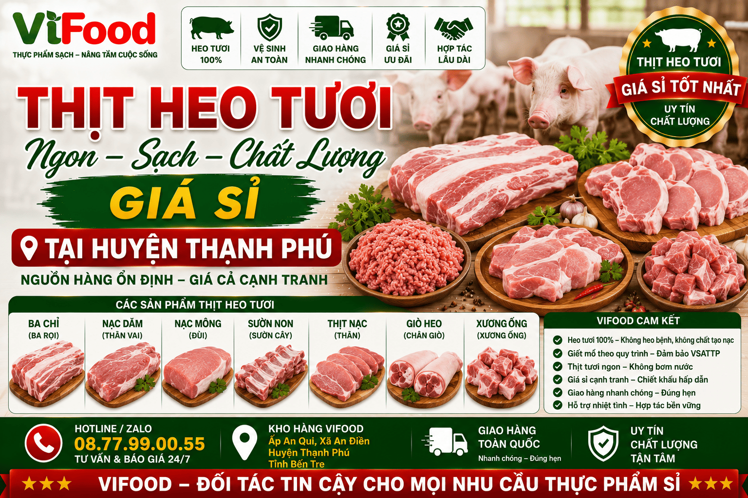 Thịt heo tươi ngon giá sỉ tại Huyện Thạnh Phú